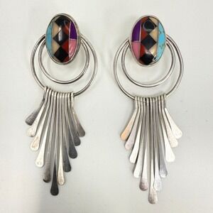 QT Quoc Turquoise Sterling Silver Multi Stone Inlay Hoop Fringe Drop Earrings